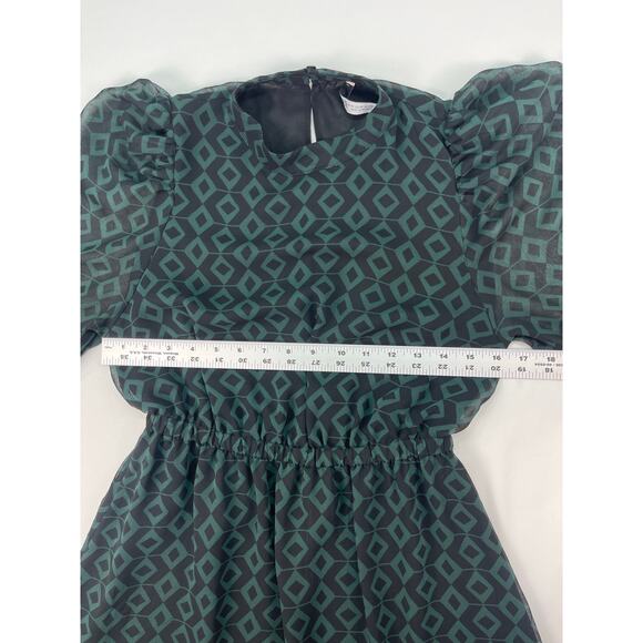 ZARA Long Sleeve Geo Print Mini Dress Green/Black Puff Shoulder Ruffle Hem Sz M - Picture 6 of 9